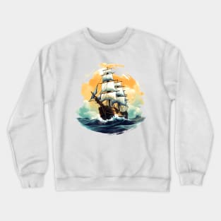 A vintage looking ship sails across the giant waves in a sunset enviornment 4 Crewneck Sweatshirt